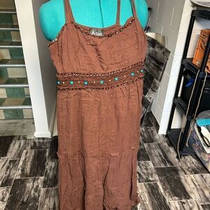 Brown Baby Doll Dress with Turquoise Accents Boho Style